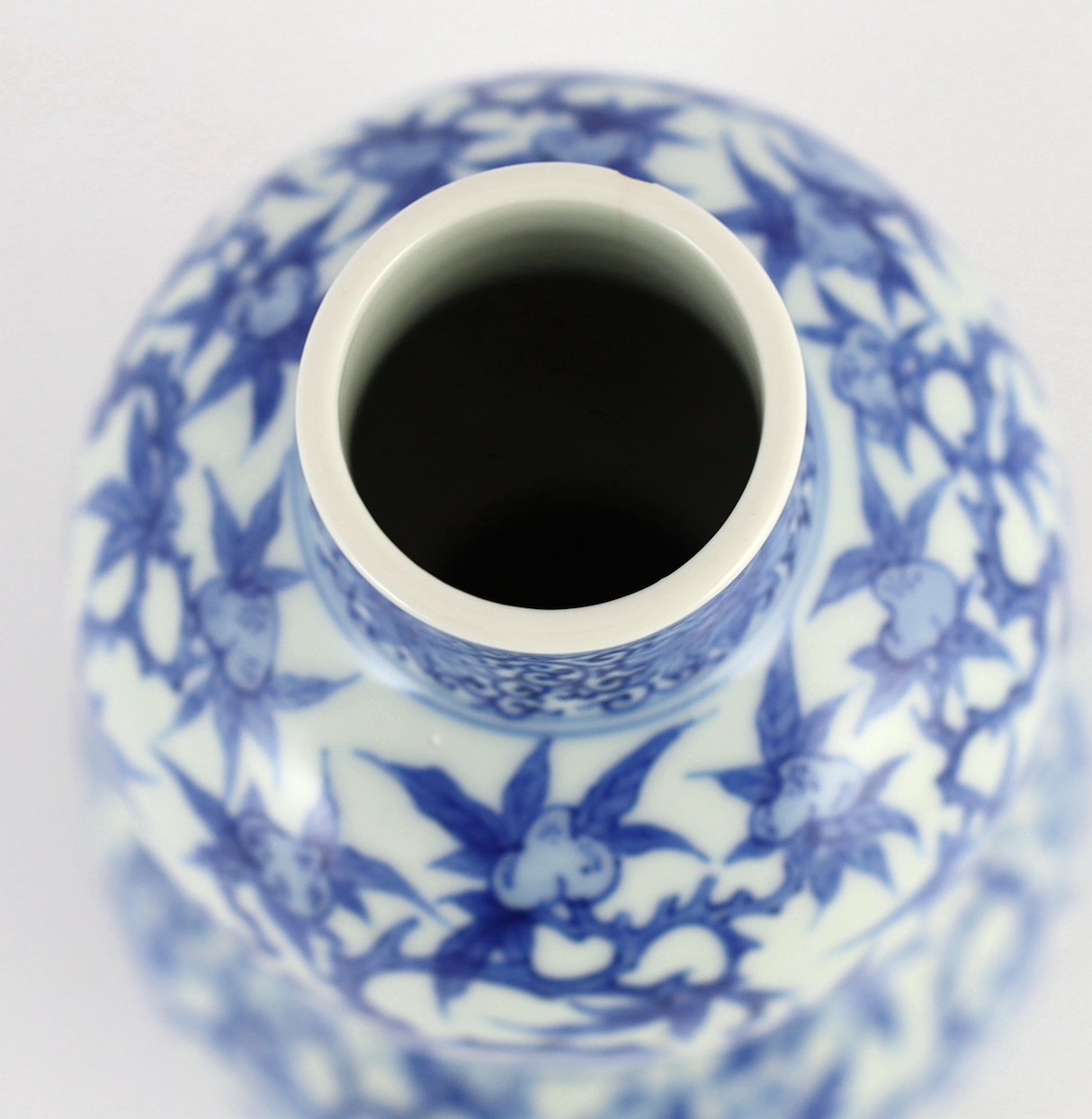 A Chinese blue and white 'fu lu shou' double gourd vase, Wanli mark probably late 19th century, 22cm high, splinter chip to rim and hairline crack to neck